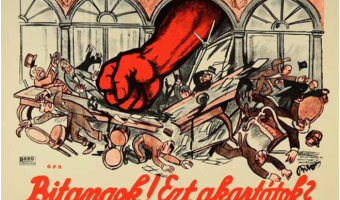 Anti-western propaganda poster of the Soviet with the inscription: “Brigands! Is that what you wanted?” The picture depicts the Entente leaders in Paris, getting smashed to pieces by the fist of the Revolution.